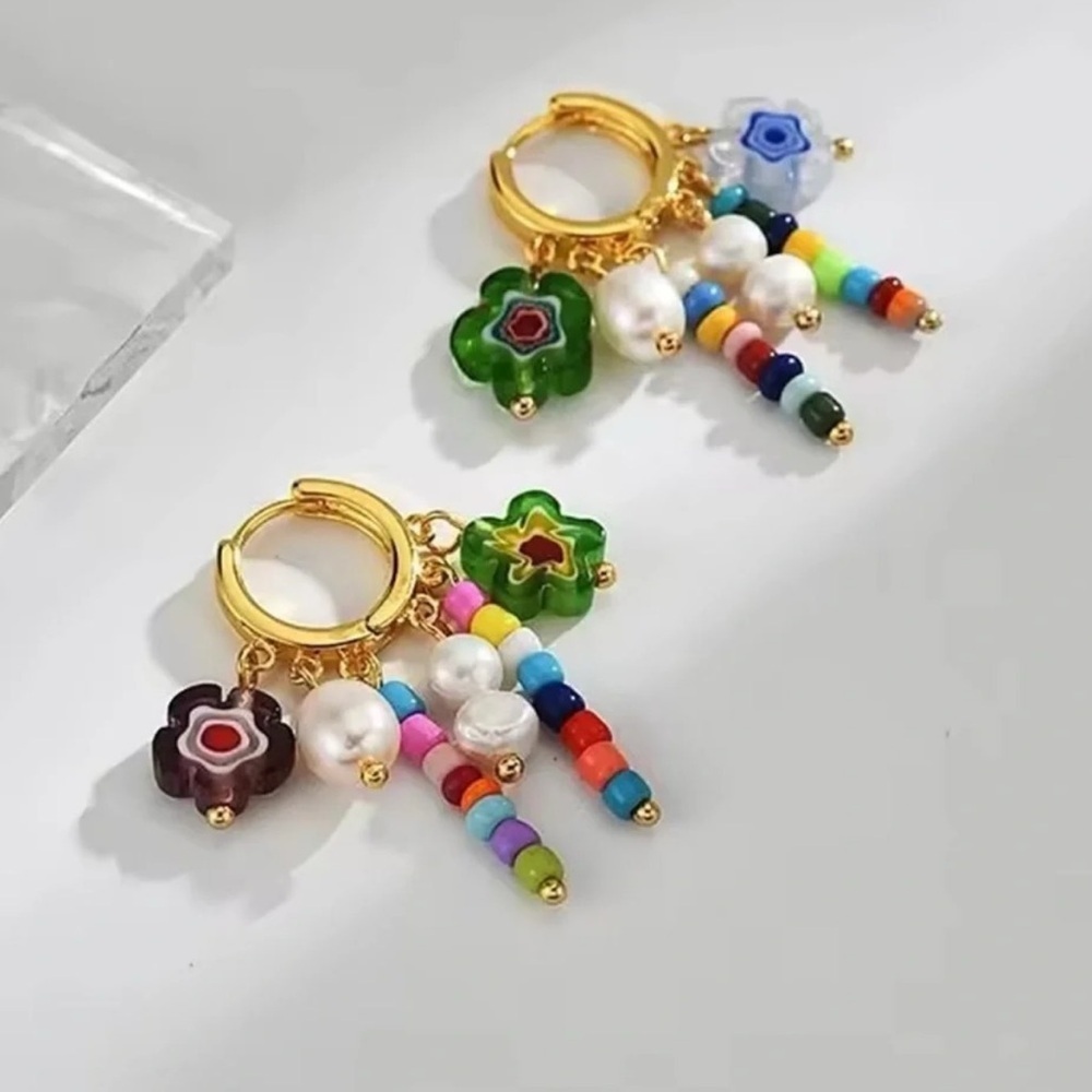 Anthropologie Gold Hoop Multicolor Beaded Flower Drop Earrings